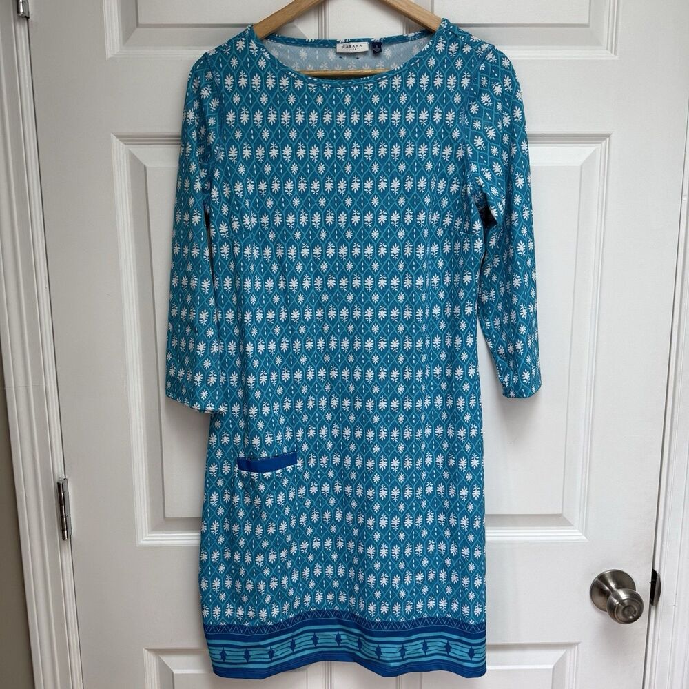 Cabana Life Womens Blue Shift Dress with Pocket Size Medium 3/4 Sleeve Coastal